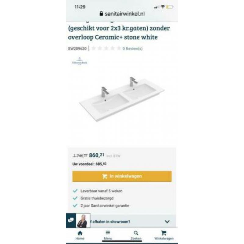 Villeroy en Boch dubbele wastafel 130x50 koopje