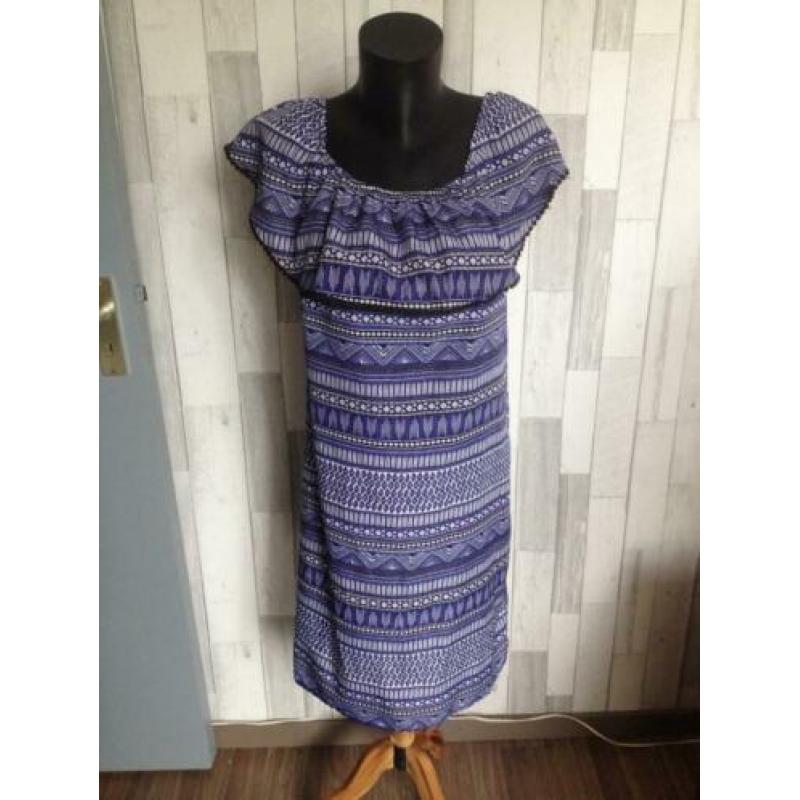 blauw-wit+drukke print afhang randje-rouge zomerjurk 44/46