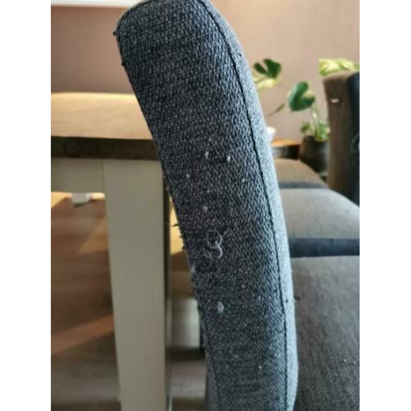 Zes antraciete, stoffen eetkamerstoelen