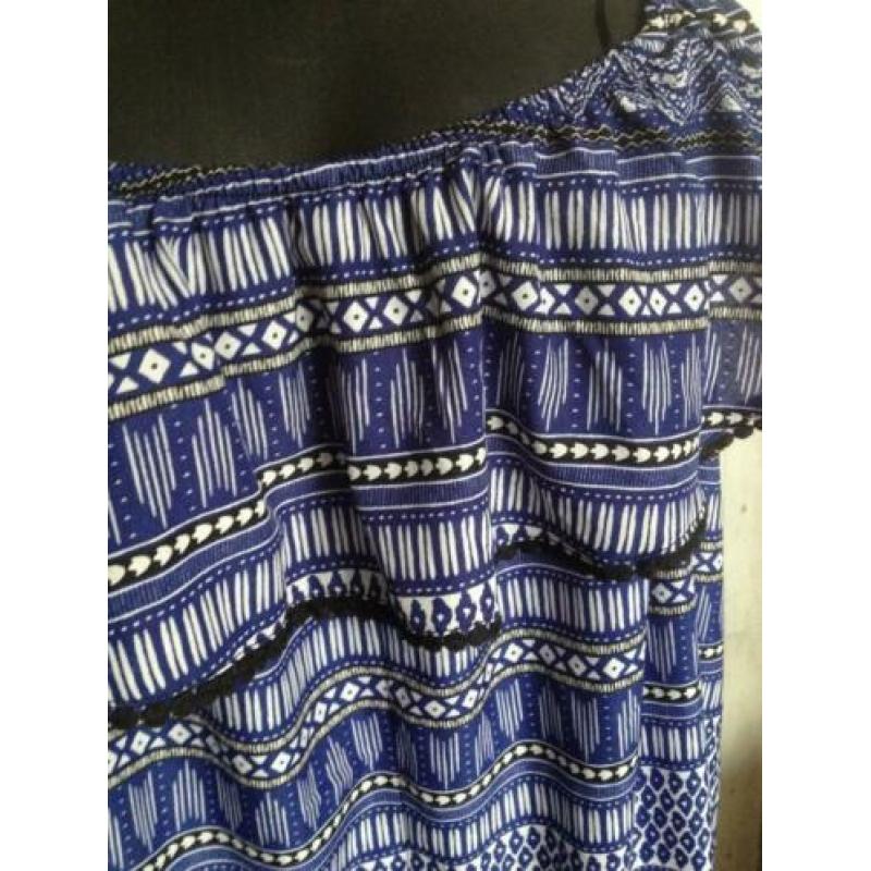 blauw-wit+drukke print afhang randje-rouge zomerjurk 44/46