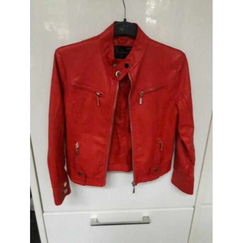 Zgan leren jasje 128 - 134 biker rood nep leer meisje