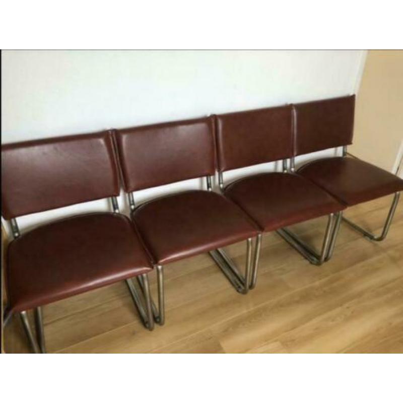 4 leather look eetkamerstoelen RVS frame (mag ook per stuk)