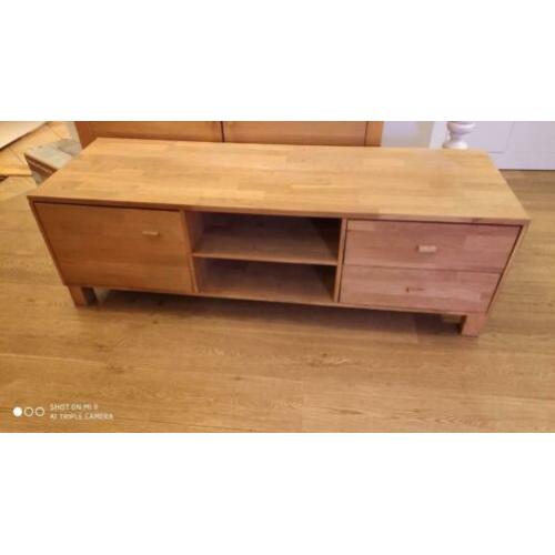 Mooie eiken tv meubel met deur en 2 laden (140x50x47 bxdxh)