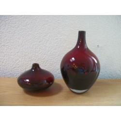 2 Luxe Rode Vaas dik rood glas - 20 en 10 cm hoog - gaaf
