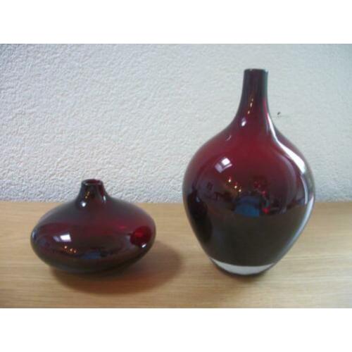 2 Luxe Rode Vaas dik rood glas - 20 en 10 cm hoog - gaaf