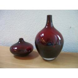 2 Luxe Rode Vaas dik rood glas - 20 en 10 cm hoog - gaaf