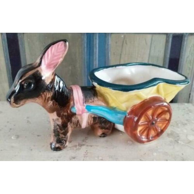 Keramiek Ezeltje met trekwagen * Vintage Bloembakje * Retro