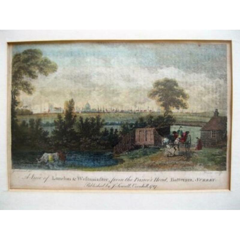 Antieke handgekleurde ets gravure, Londen Engeland