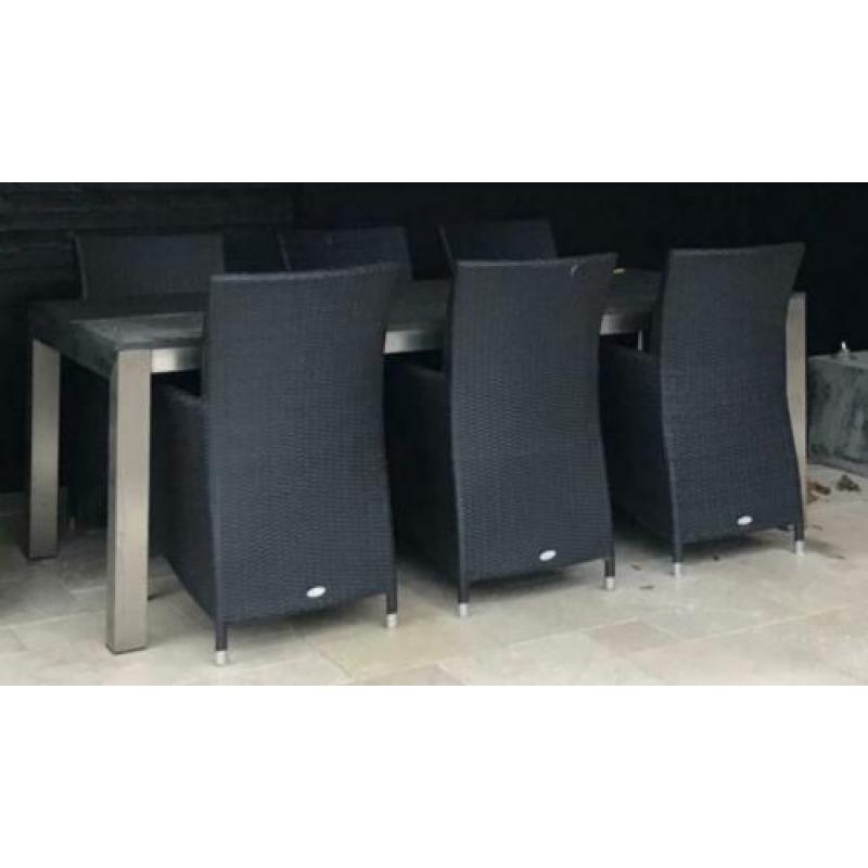 RVS eettafel, natuursteen blad, 6 stoelen, zo goed als nieuw