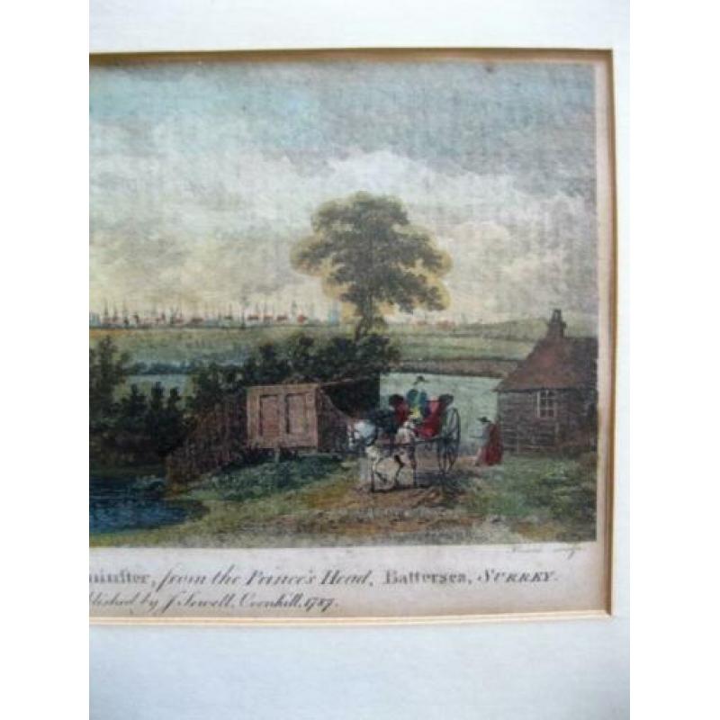Antieke handgekleurde ets gravure, Londen Engeland