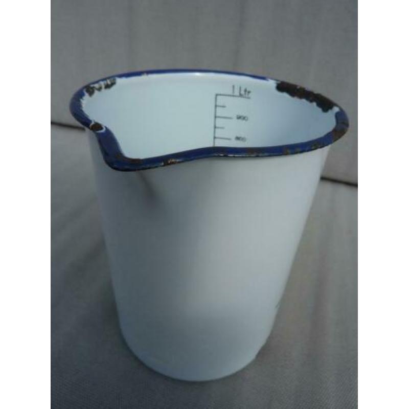 Antieke Emaille Maatbeker Wit / Blauw opdruk VOOR HUISHOUDEL
