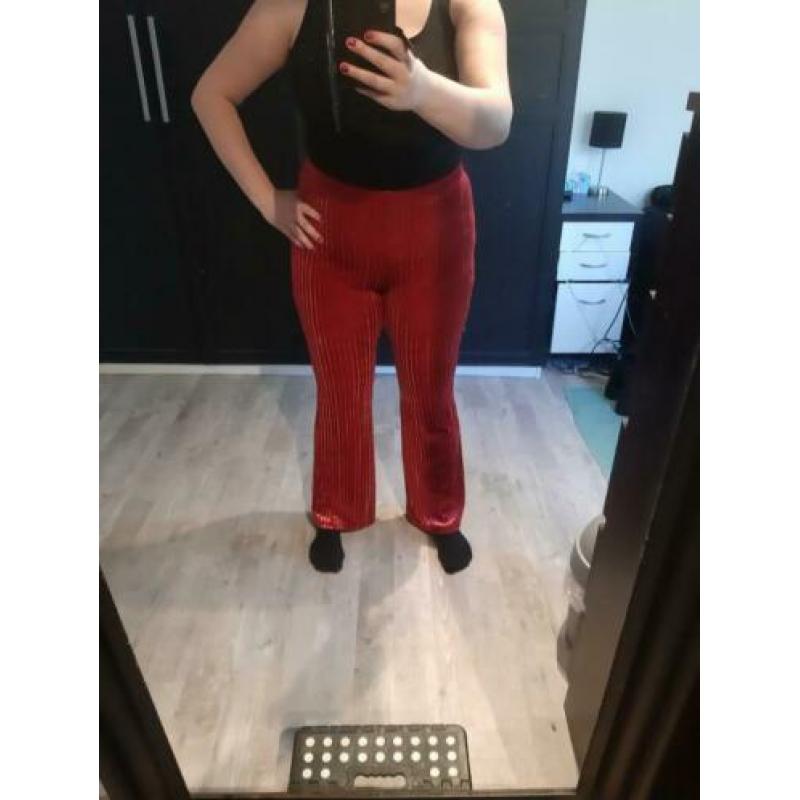 H&M flared broek roze, rib stof. 1x gedragen, maat L