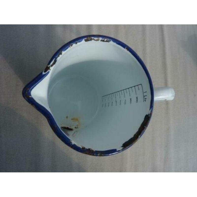 Antieke Emaille Maatbeker Wit / Blauw opdruk VOOR HUISHOUDEL
