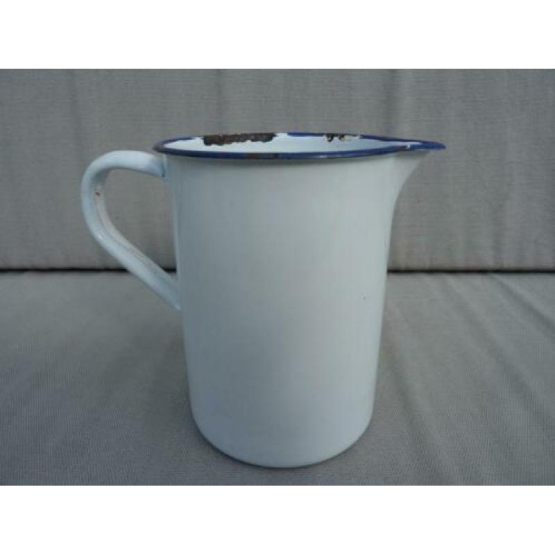 Antieke Emaille Maatbeker Wit / Blauw opdruk VOOR HUISHOUDEL