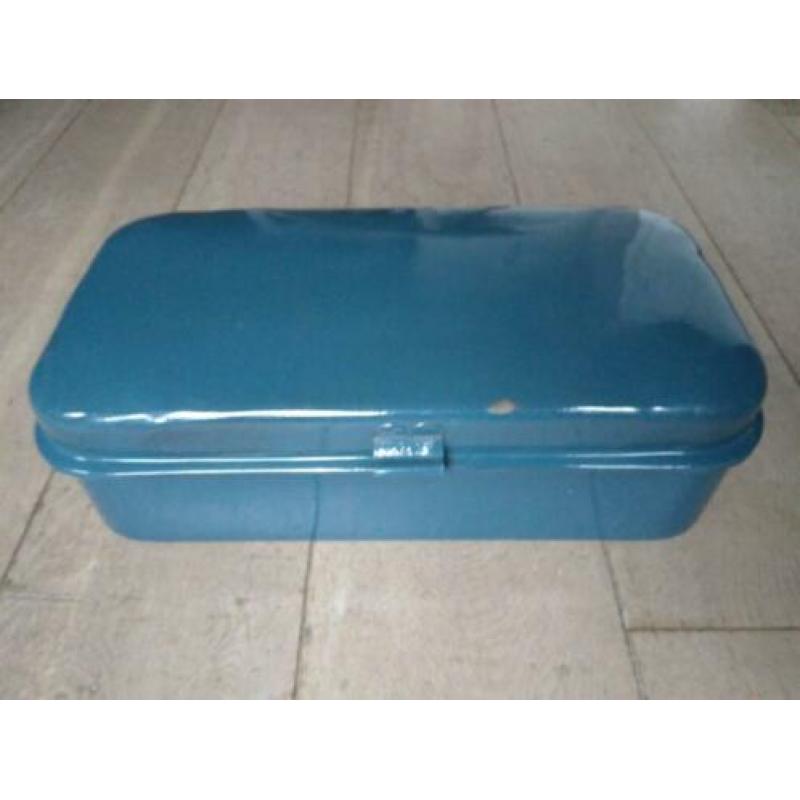 Oude brocante emaille broodtrommel trommel petrol *Etage3*