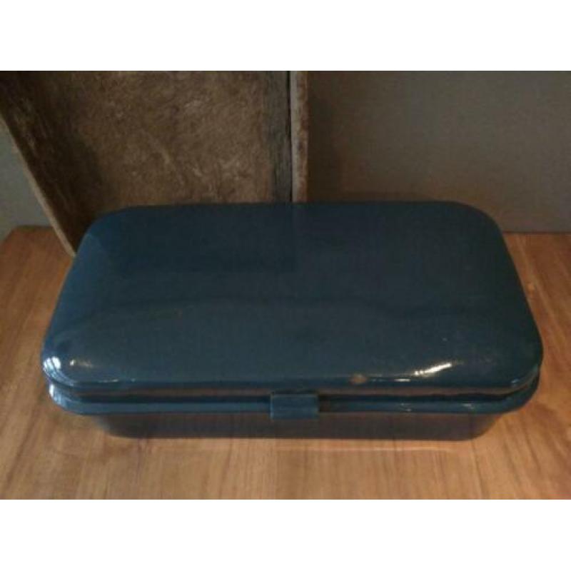 Oude brocante emaille broodtrommel trommel petrol *Etage3*