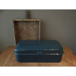 Oude brocante emaille broodtrommel trommel petrol *Etage3*
