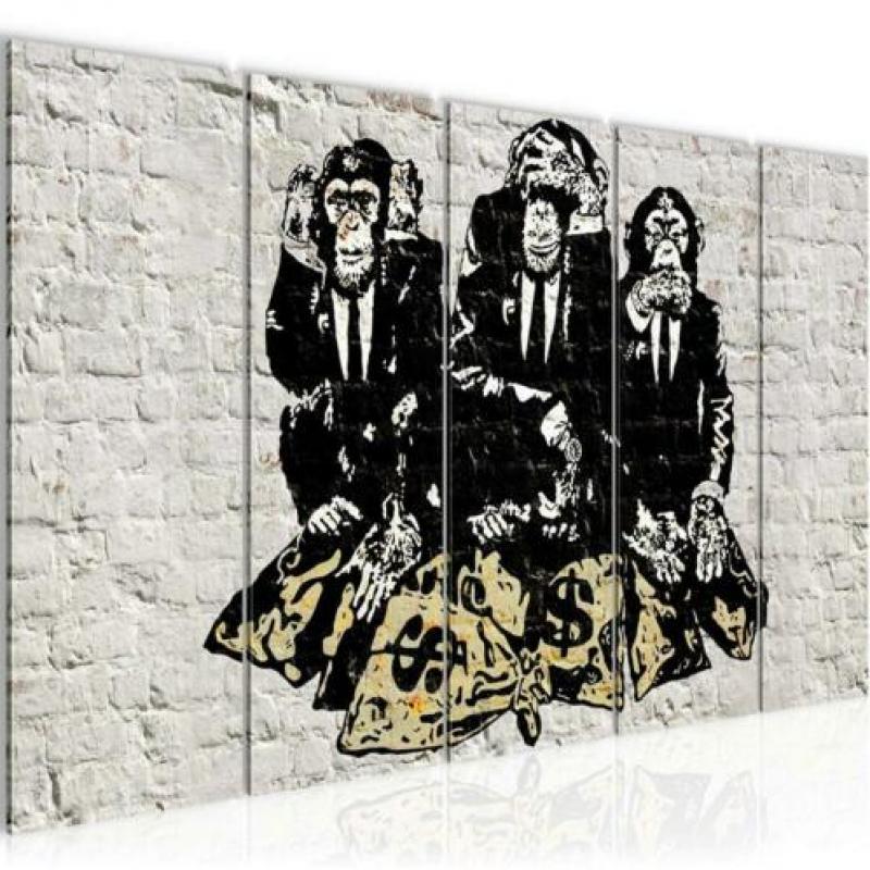 Canvas schilderij 5 luik Banksy Apen Bankroof 220 x 80 cm