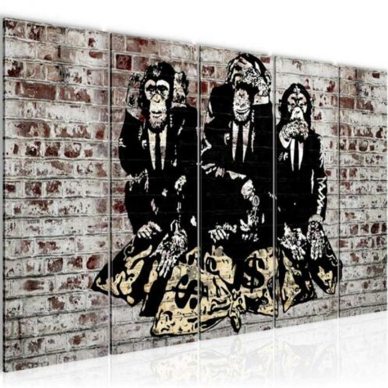 Canvas schilderij 5 luik Banksy Apen Bankroof 220 x 80 cm