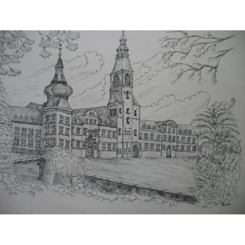 Vintage Ets -Tekening - Kerkrade -Klooster Rolduc- uit 1985