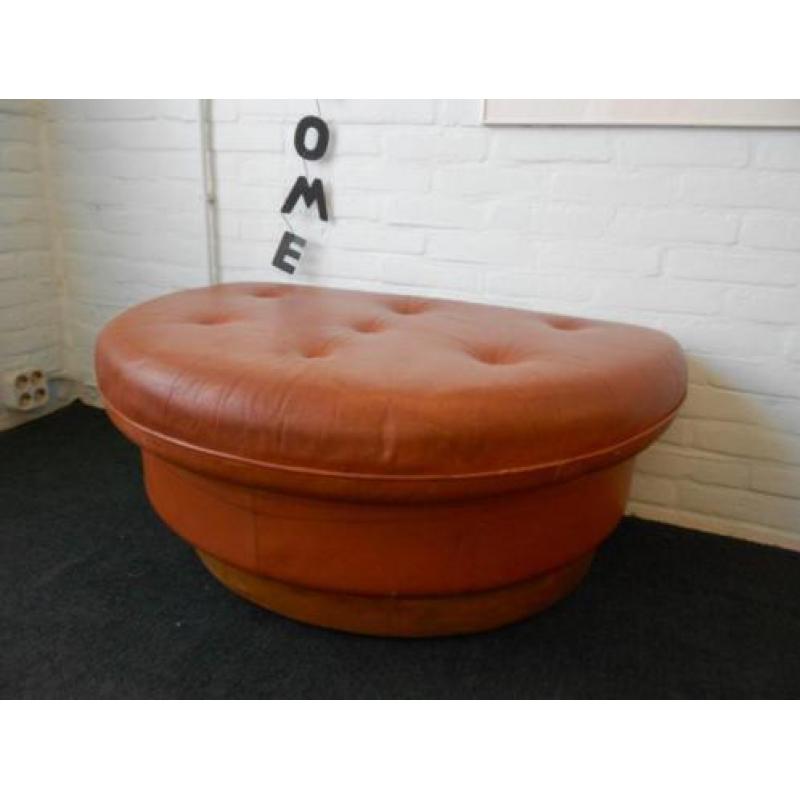 vintage industriele hocker poef element cognac leer teak